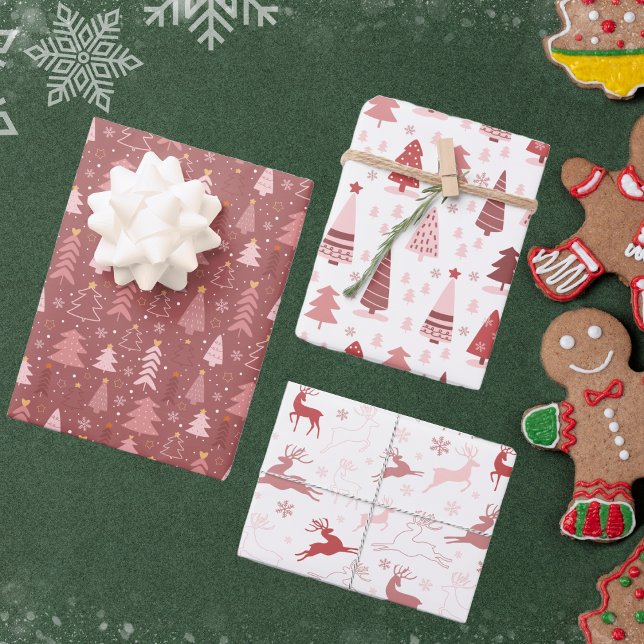 Retro Pink Reindeer and Christmas Trees Wrapping Paper Sheet (Creator Uploaded)