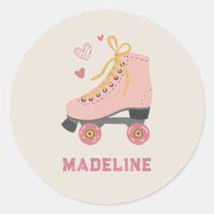 Retro Pink Roller Skates Name Classroom Valentine Classic Round Sticker