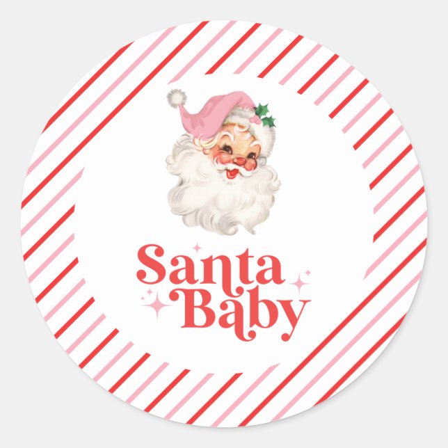 Retro Pink Santa Baby christmas baby shower Classic Round Sticker (Front)