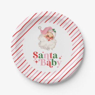 Retro Pink Santa Baby christmas baby shower Paper Plate