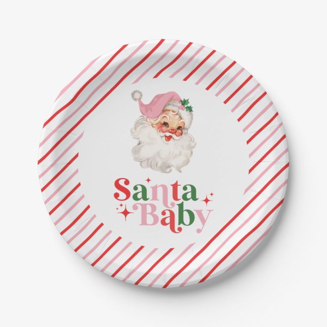 Retro Pink Santa Baby christmas baby shower Paper Plate (Front)