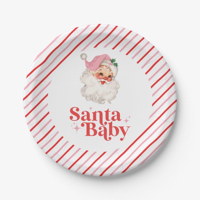 Retro Pink Santa Baby christmas baby shower Paper Plate (Front)