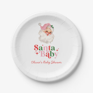 Retro Pink Santa Baby christmas baby shower Paper Plate