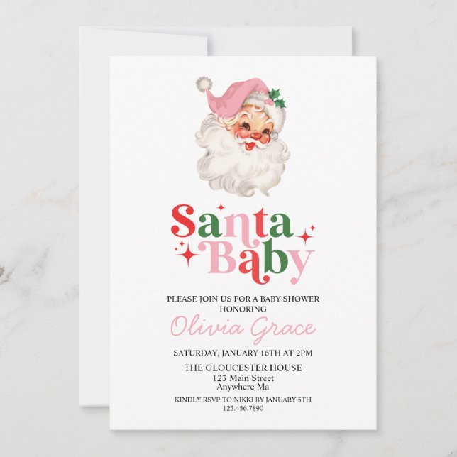 Retro Pink Santa Baby Holiday Baby Shower Invitation (Front)