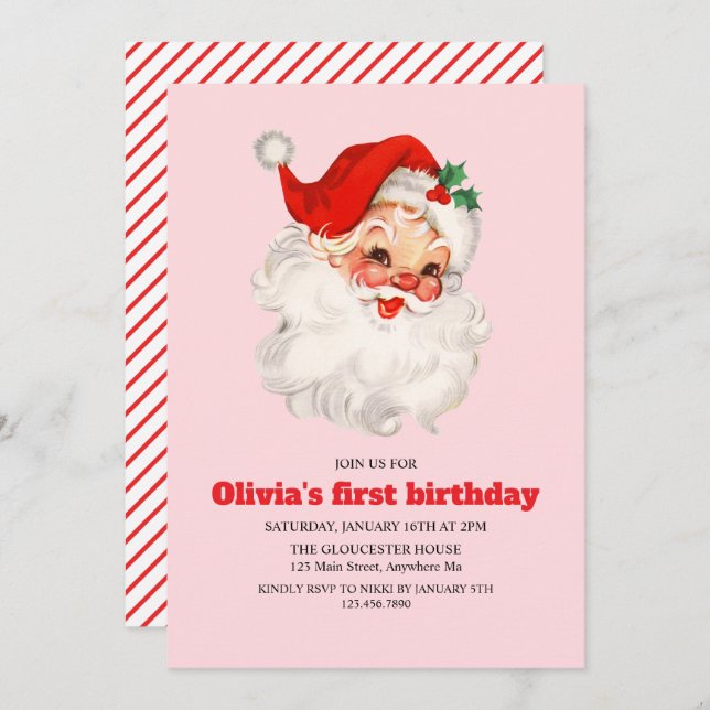 Retro Pink Santa birthday Invitation (Front/Back)