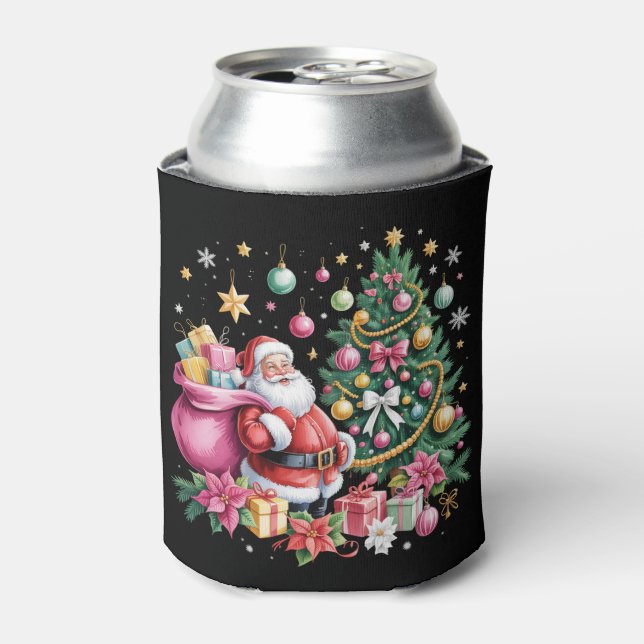 Retro Pink Santa Coquette Christmas Cute Tree Girl Can Cooler (Can Front)