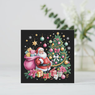Retro Pink Santa Coquette Christmas Cute Tree Girl Holiday Card