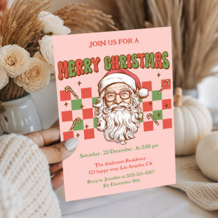 Retro Pink Santa Merry Christmas Party Invitation