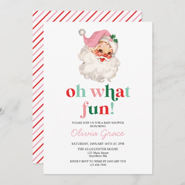 Retro Pink Santa oh what fun Baby Shower Invitation (Front/Back)