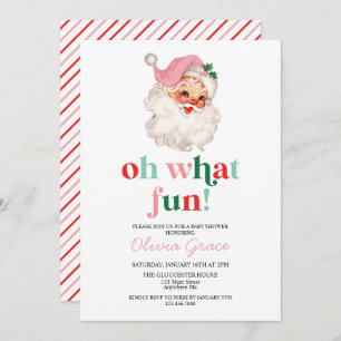 Retro Pink Santa oh what fun Baby Shower Invitation