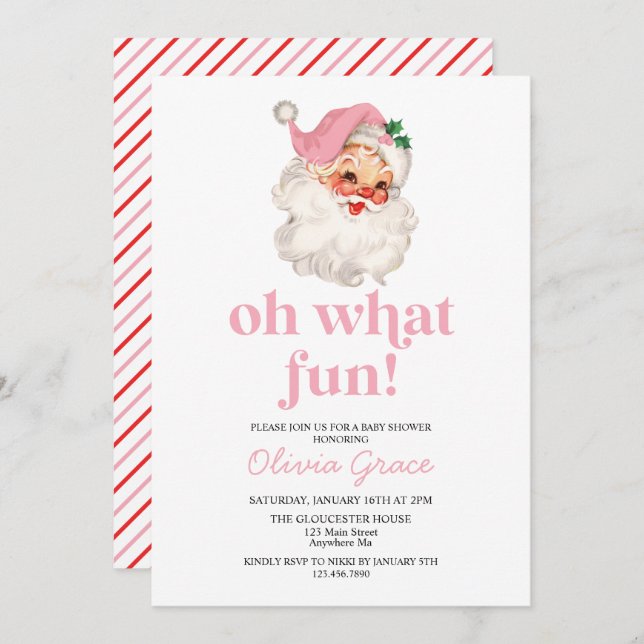 Retro Pink Santa oh what fun Baby Shower Invitation (Front/Back)