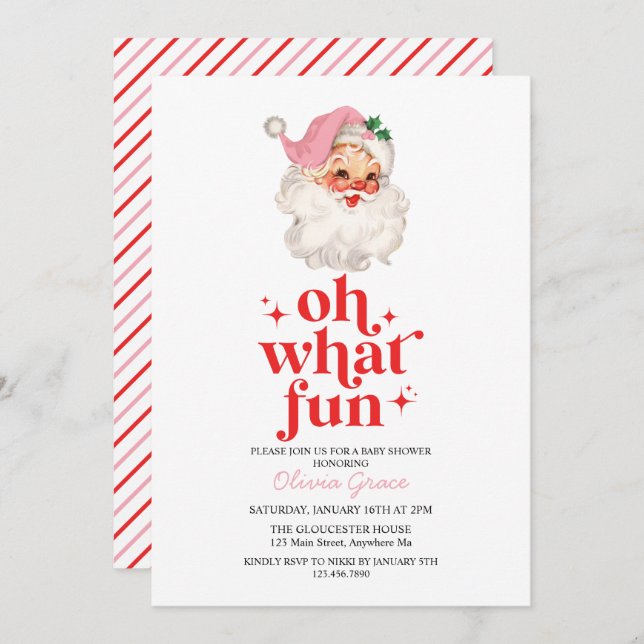 Retro Pink Santa oh what fun Baby Shower Invitation (Front/Back)