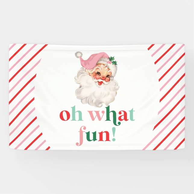 Retro Pink Santa Oh What Fun Banner (Horizontal)
