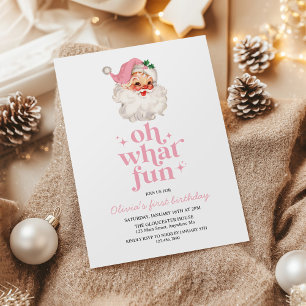 Retro Pink Santa oh what fun birthday Invitation
