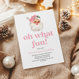 Retro Pink Santa oh what fun birthday Invitation