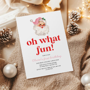 Retro Pink Santa oh what fun birthday Invitation