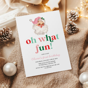 Retro Pink Santa oh what fun birthday Invitation