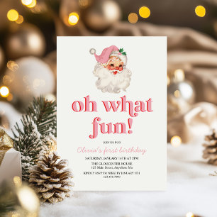 Retro Pink Santa oh what fun birthday Invitation