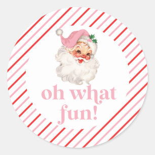 Retro Pink Santa Oh What Fun Classic Round Sticker