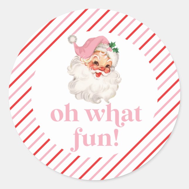 Retro Pink Santa Oh What Fun Classic Round Sticker (Front)