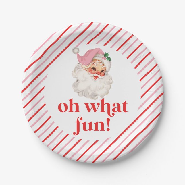 Retro Pink Santa Oh What Fun Paper Plate (Front)