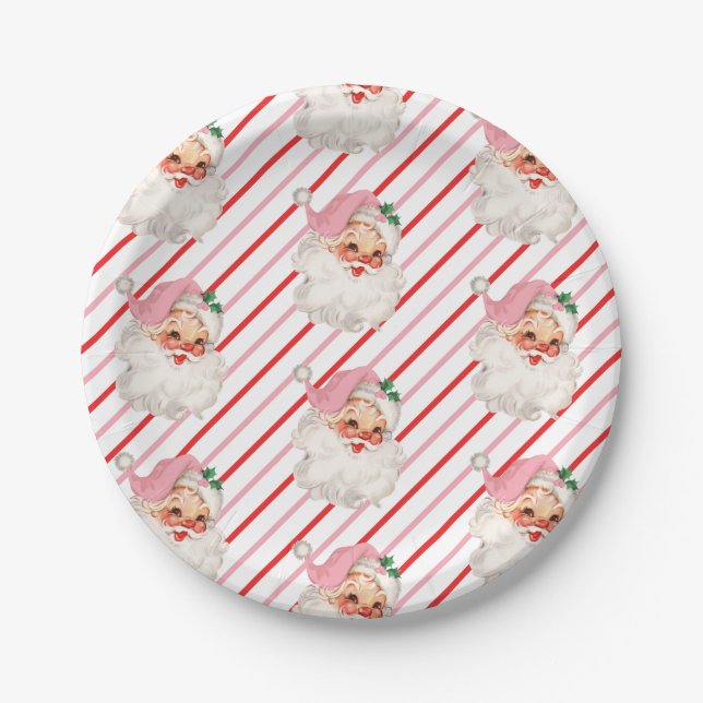 Retro Pink Santa Oh What Fun Paper Plate (Front)