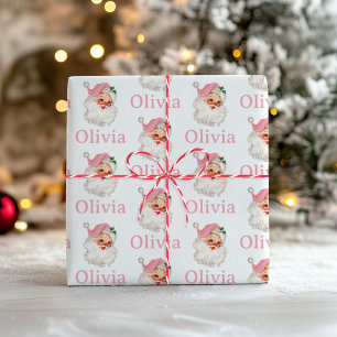 Retro Pink Santa personalised Wrapping Paper