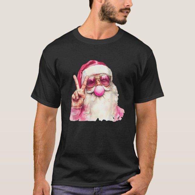 Retro Pink Santa With Bubble Gum Glasses Christmas T-Shirt (Front)