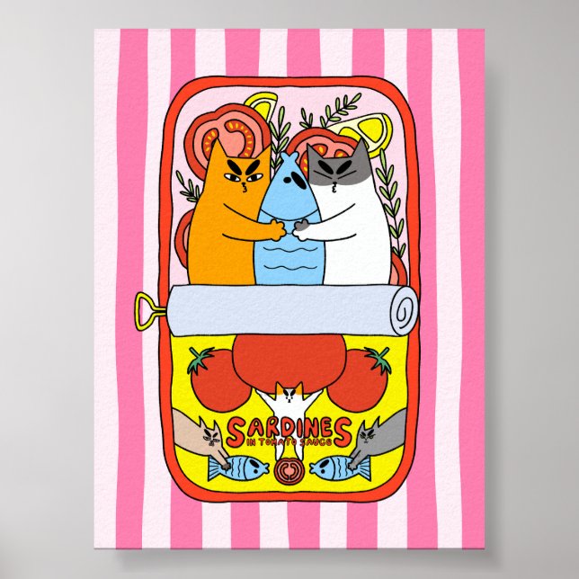 Retro Pink Sardine Cat Illustration Kitchen Poster (Front)