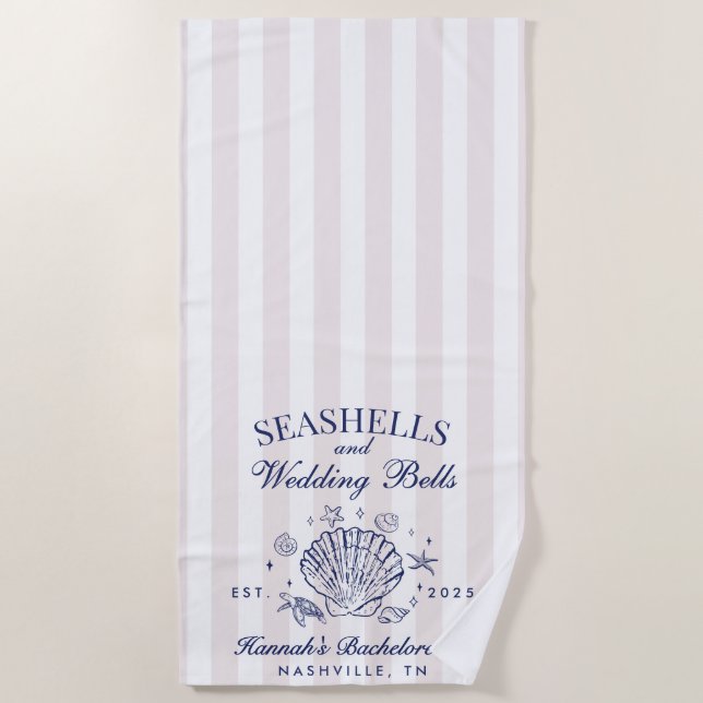 Retro Pink Seashells & Wedding Bells Bachelorette  Beach Towel (Front)