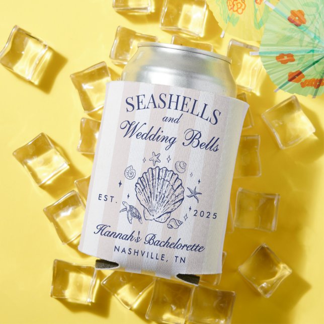 Retro Pink Seashells & Wedding Bells Bachelorette  Can Cooler (In Situ Summer)