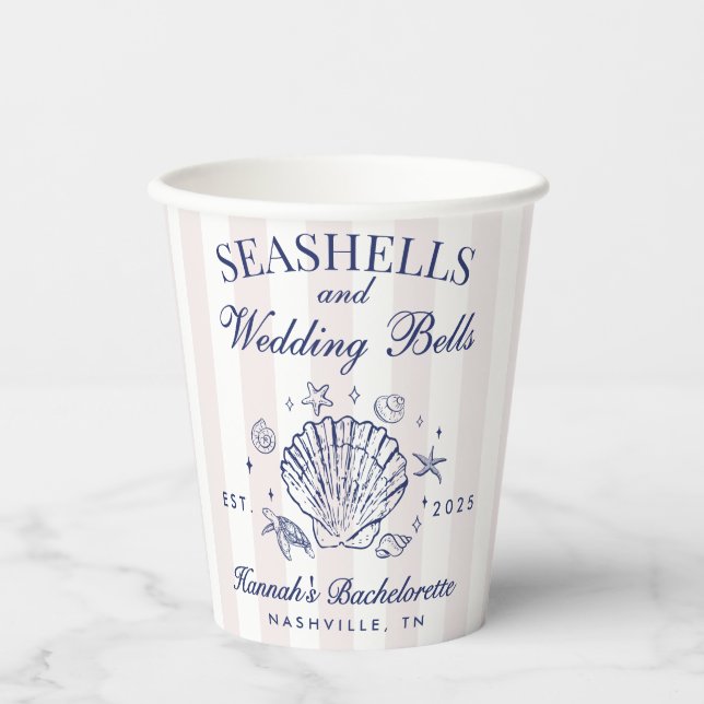 Retro Pink Seashells & Wedding Bells Bachelorette  Paper Cups (Front)