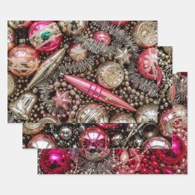 Retro Pink & Silver Ornament Wrapping Paper Sheet (Set)