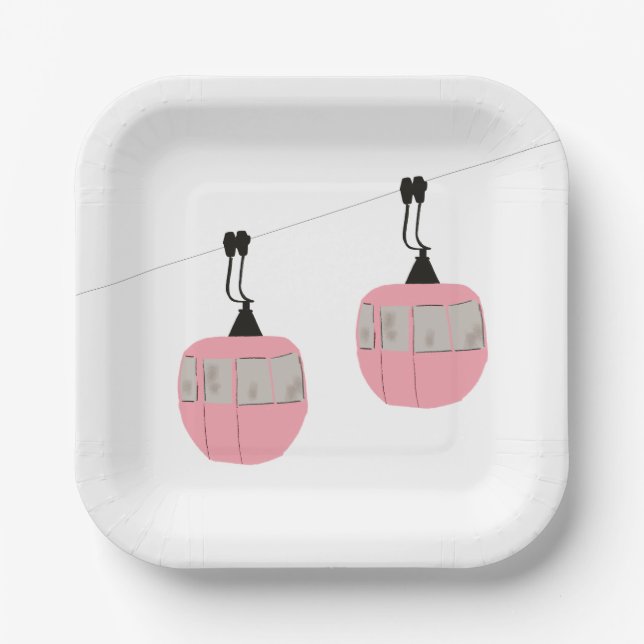 Retro Pink Ski Gondola Lift Skiers  Paper Plate (Front)