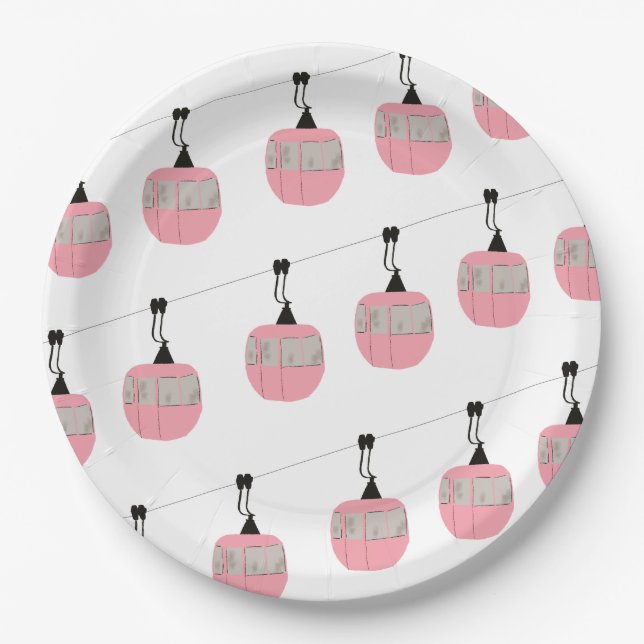 Retro Pink Ski Gondola Lift Skiers  Paper Plate (Front)