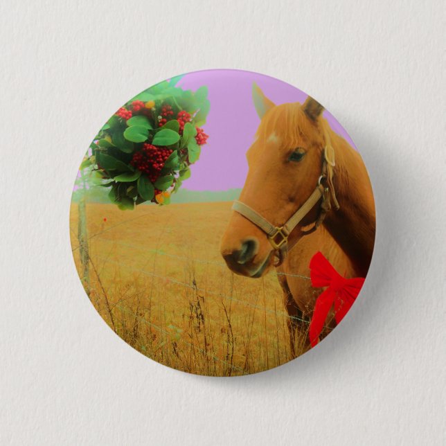 Retro pink sky Christmas Horse 6 Cm Round Badge (Front)