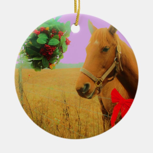 Retro pink sky Christmas Horse Ceramic Tree Decoration (Front)