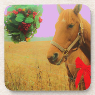 Retro pink sky Christmas Horse Coaster