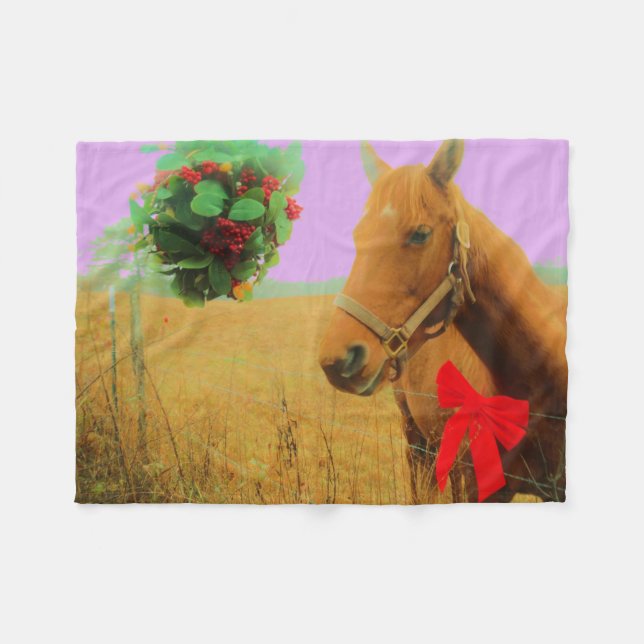 Retro pink sky Christmas Horse Fleece Blanket (Front (Horizontal))
