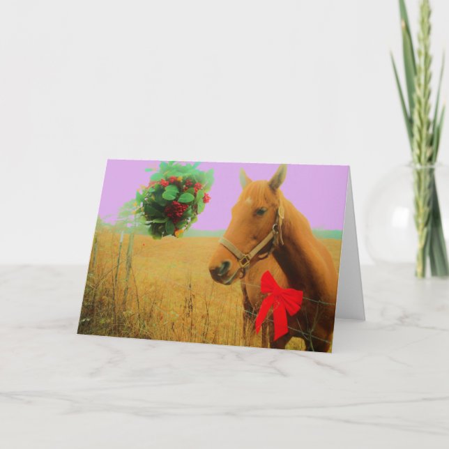Retro pink sky Christmas Horse Holiday Card (Front)