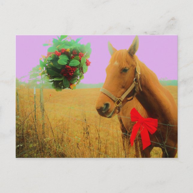 Retro pink sky Christmas Horse Holiday Postcard (Front)