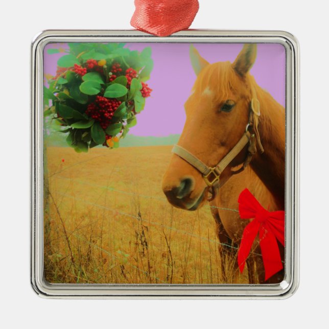 Retro pink sky Christmas Horse Metal Tree Decoration (Front)