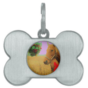 Retro pink sky Christmas Horse Pet ID Tag
