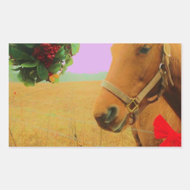 Retro pink sky Christmas Horse Rectangular Sticker (Front)