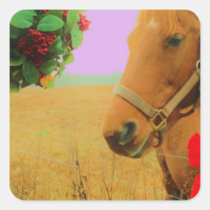 Retro pink sky Christmas Horse Square Sticker