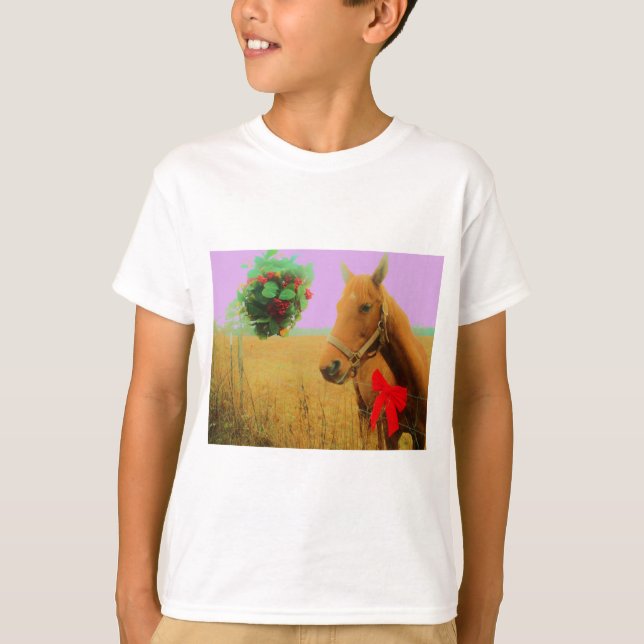 Retro pink sky Christmas Horse T-Shirt (Front)