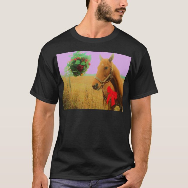 Retro pink sky Christmas Horse T-Shirt (Front)
