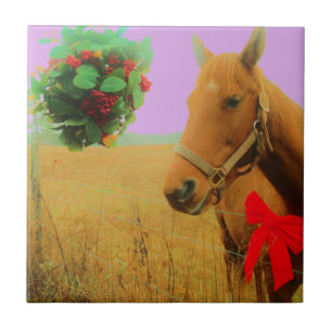 Retro pink sky Christmas Horse Tile