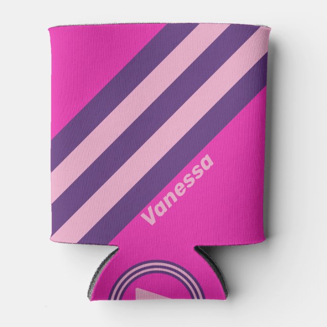 Retro Pink Sky Stripes with Name Can Cooler (Front)