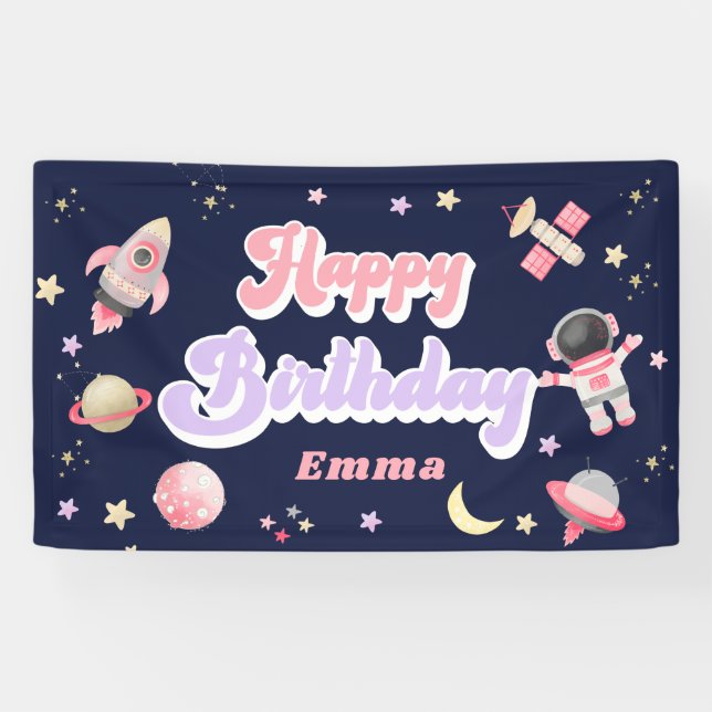 Retro Pink Space Happy Birthday  Banner (Horizontal)